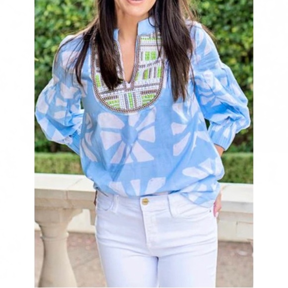 Sheridan French Tops - NEW Sheridan French Olive Tunic Blue and White Size XS